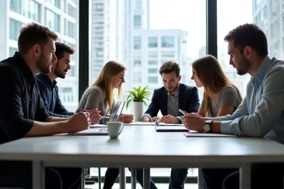 Modern office environment with diverse team collaborating