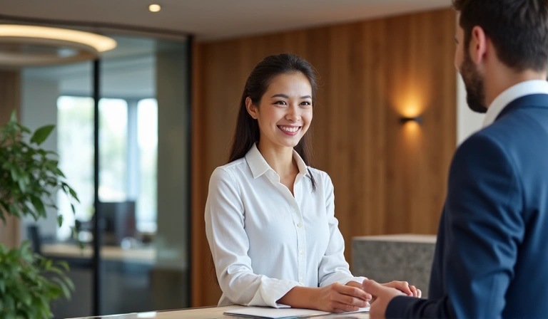 A guest happily checking out of a hotel, symbolizing excellent guest experience.