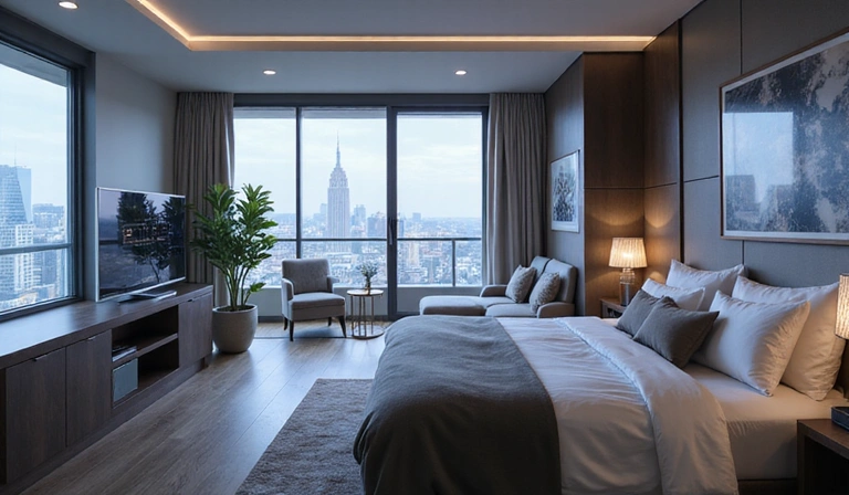 Futuristic hotel room with smart technology and connected devices, illustrating emerging tech.