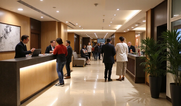 Modern hotel lobby with guests checking in, illustrating efficient hotel operations.
