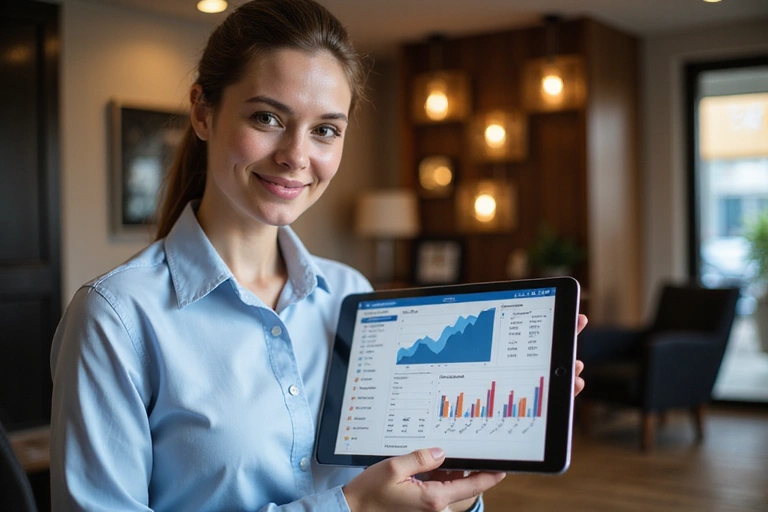 A professional hotel manager smiling while looking at a tablet displaying a dashboard with booking data and channel management overview. Modern office setting with blurred background, symbolizing efficiency and control.