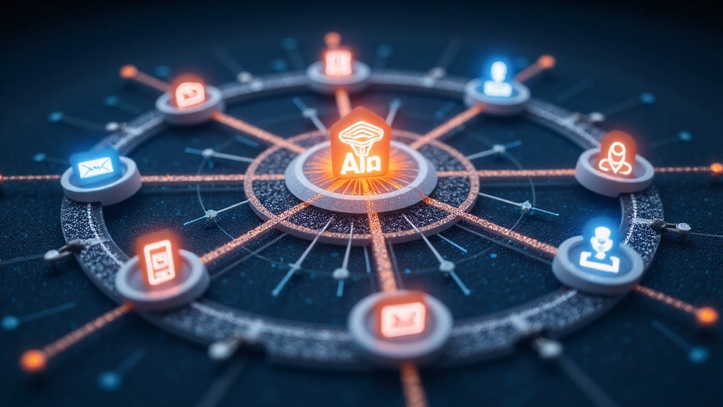 Network of interconnected travel platforms, stylized icons for Booking.com, Expedia, Airbnb, etc., flowing into a central hub, abstract, no text.