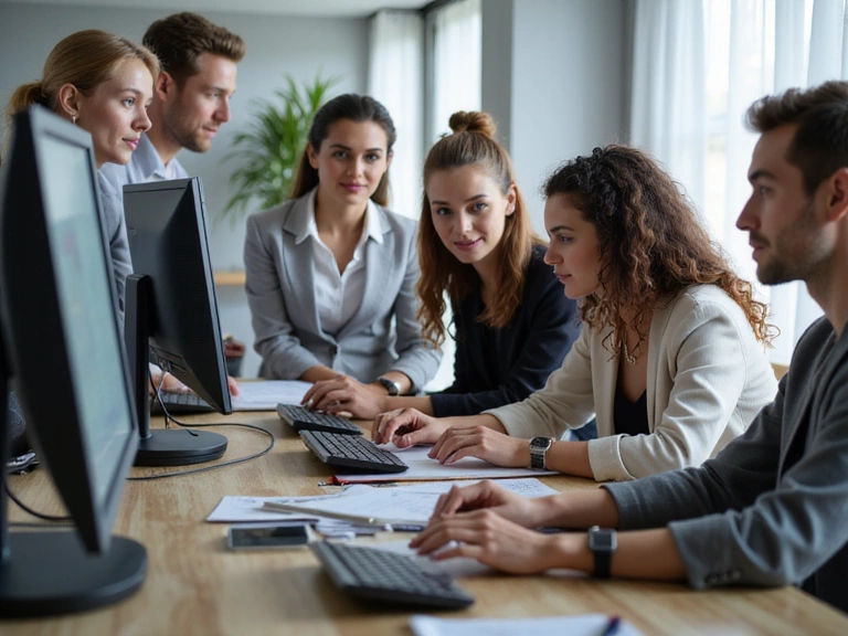 Diverse team members collaborating in a modern office