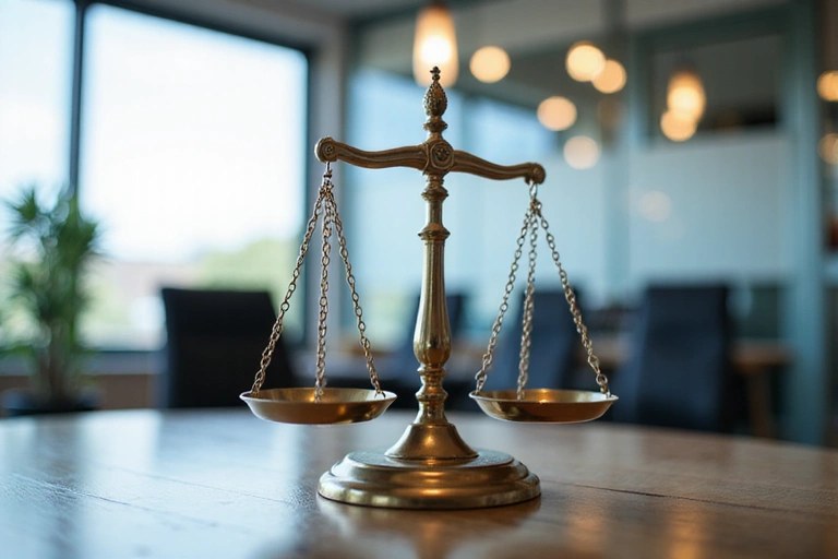 Abstract legal scales with blurred office background